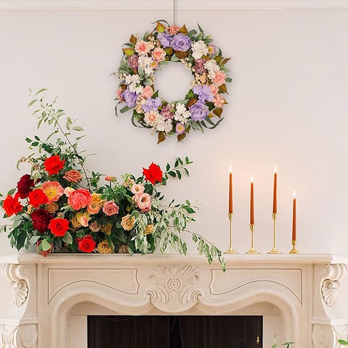 22 Inch Vintage Floral Wreath - Artificial Purple Pink Rose, Peach Dahlia, Hydrangea & White Berry with Boxwood, Lamb's Ear, Willow Eucalyptus, Indoor Outdoor Farmhouse Front Door Decor