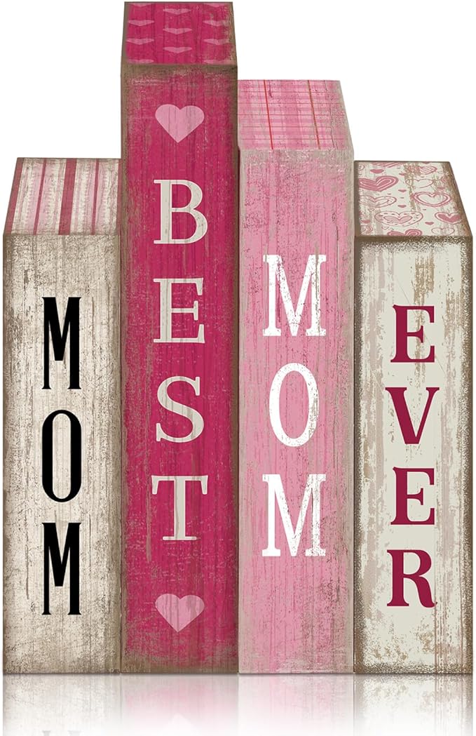 Lineshading 4 Pcs Mothers Day Table Decoration Wooden Book Pink White Tiered Tray Decor Happy Mother's Centerpieces Mom Gifts from Daughter Son for Home Shelf Indoor Party Decoration