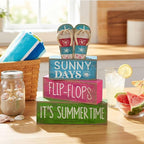 Lineshading 4 Pcs Summer Table Decorations Wooden Flip-flop Stacked Block Decor, "Sunny Days It's Summertime" Signs with Beach Sandal Topper, Rustic Coastal Tiered Tray Decoration for Home Coffee Bar