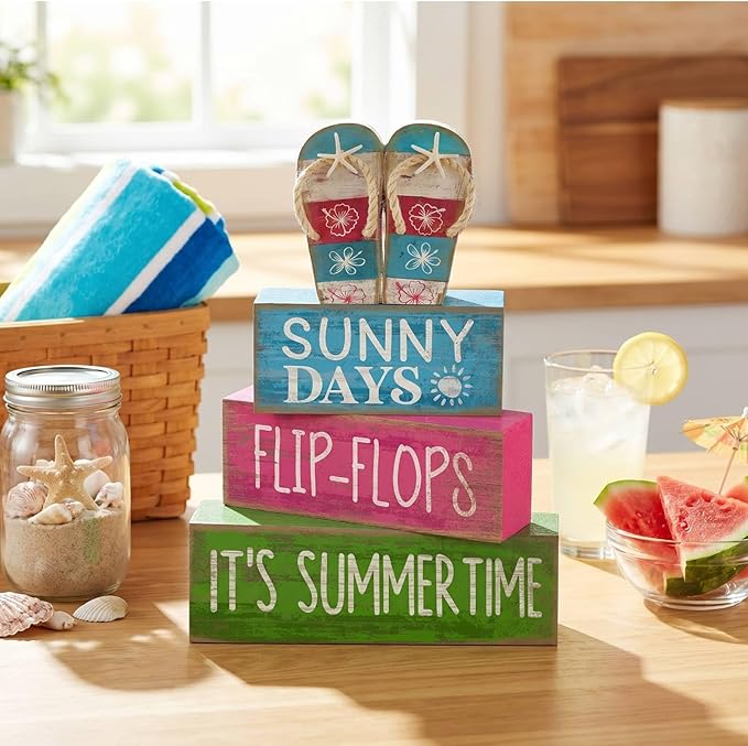 Lineshading 4 Pcs Summer Table Decorations Wooden Flip-flop Stacked Block Decor, "Sunny Days It's Summertime" Signs with Beach Sandal Topper, Rustic Coastal Tiered Tray Decoration for Home Coffee Bar