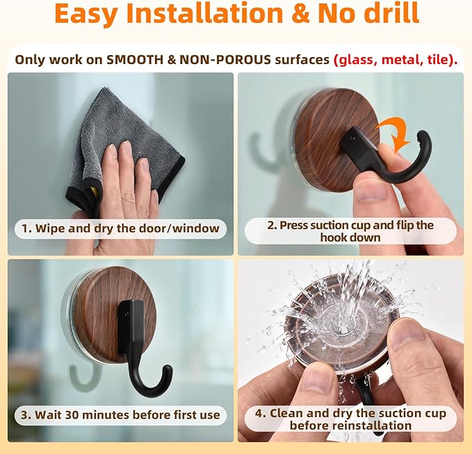 Suction Cup Wreath Hanger for Front Door, Over Door, Window Glass, Mirrors, Tiles – Decorative Hooks for Christmas/Thanksgiving/Halloween/July 4th/Easter/Valentine/Spring/Summer/Fall (2 Pack, Walnut)