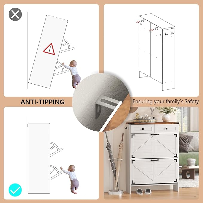 Shoe Cabinet with 2 Flip Drawers, Hidden Shoe Storage Cabinet with 2 Pull-Out Drawers, Farmhouse Shoe Organizer for Entryway, Narrow Shoe Rack for Front Door Entrance, White
