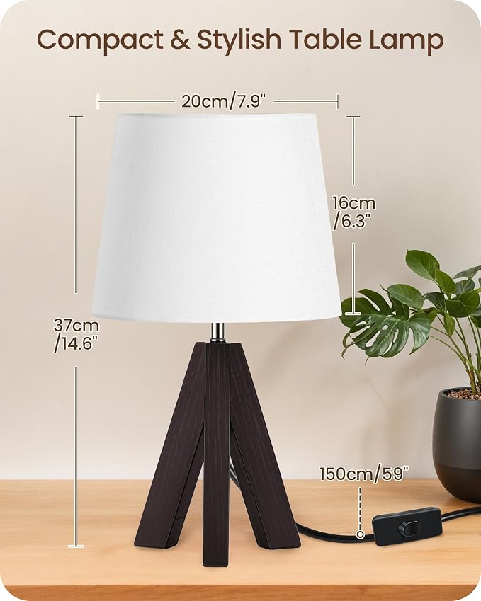Tripod Table Lamp, 14.6" Small Bedside Table Lamp, Modern Nightstand Lamp with White Linen Shade & Dark Walnut Base, Boho Desk Lamp for Bedroom, Kids Room, Living Room, Study, VW51TL05