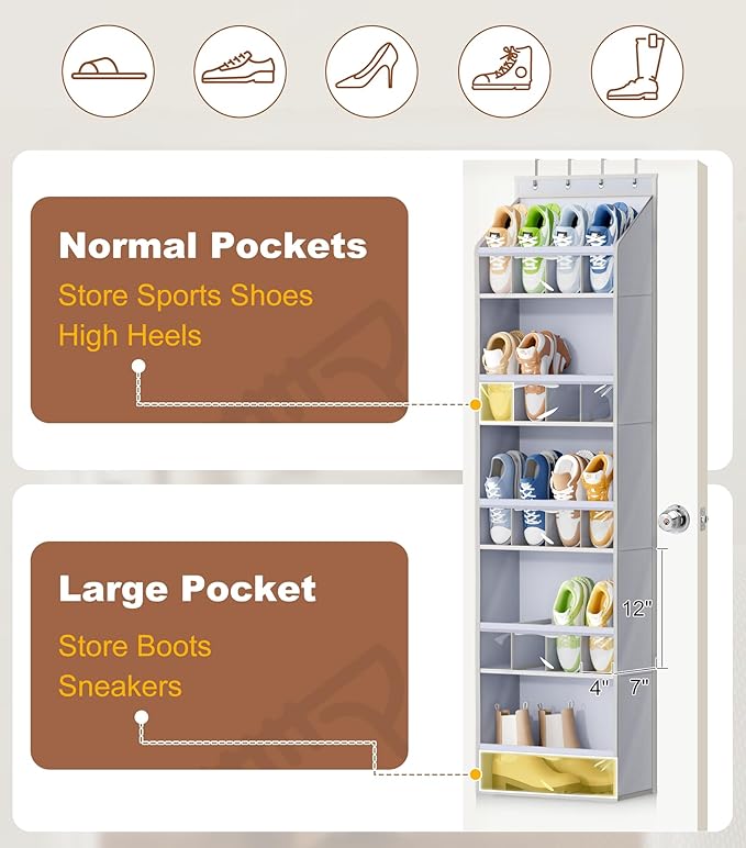 KEETDY 20 Pairs Over The Door Shoe Organizer for Closet Large Clear Pockets Hanging Shoe Rack for Door Hanger Boot Holder Storage for Men Sneakers, Grey