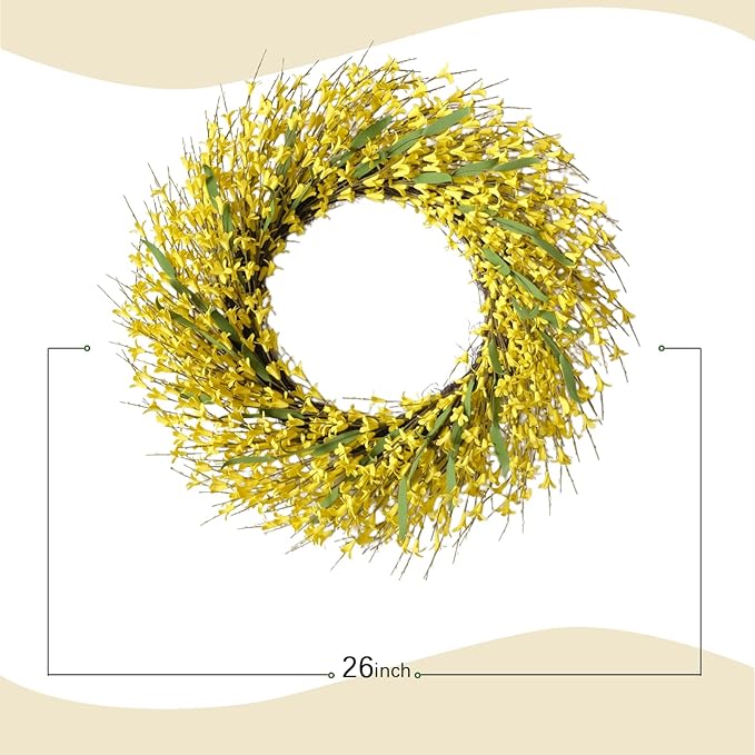 26 Inch Spring Wreaths for Front Door, Large Artificial Forsythia Flowers Wreath, Spring Summer Floral Wreath All Season for Home, Wall, Window, Porch, Wedding, Farmhouse Decor (Yellow)