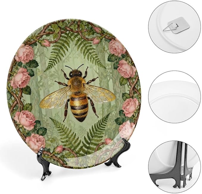 Art Nouveau William Morris Forest Roses And Bees Decorative Plate of 6", 7", 8", 10", Customize Christmas Ceramic Dinner Plates, Custom Gifts, Kitchen Display Household, with Vertical Stand