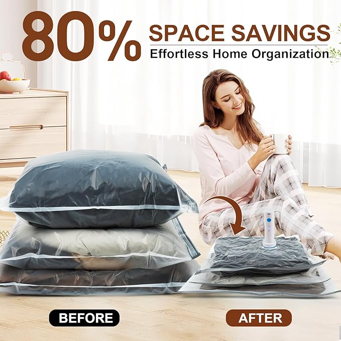 12 Pack Vacuum Storage Bags,Space Saver Bags for Clothing,Comforters,and Bedding,Includes 2 Jumbo, 2 Large, 2 Medium, 2 Small/4 Roll Bags,Compression for Closet & Travel, With Electric Pump