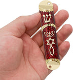 Mezuzah with Scroll for Door, Metal Mezuzah Case with Messianic Seal for Hebrew Home Blessing, Jewish Gifts, Jewish House Warming Decor, Christmas, Easter (Red)