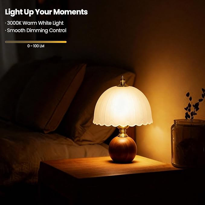 11.8“ Decorative Wooden Table Lamp with Frosted Glass Shade, Dimmable Bedside Nightstand Lamp with E26 Socket & 6ft Cord, Small Accent Lamp for Bedroom & Living Room (White)