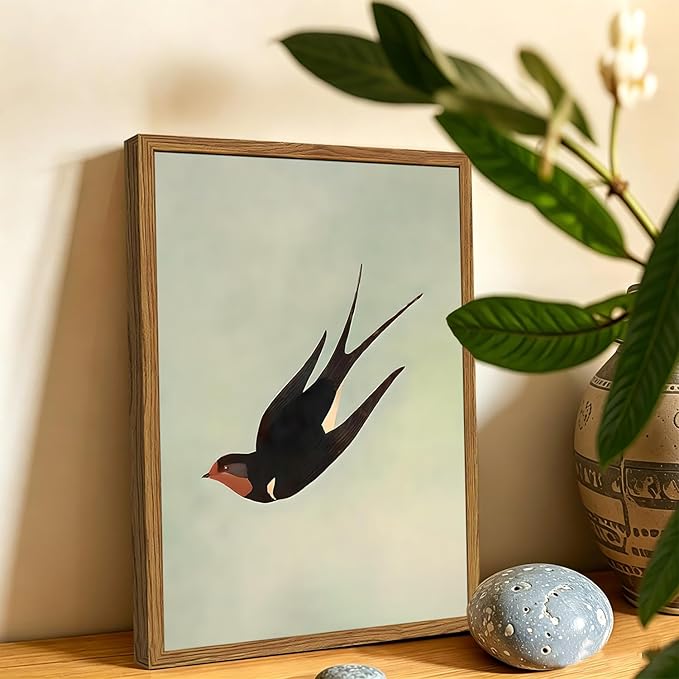 Framed Vintage Bird Wall Art, Sage Green Flying Swallow Pictures Wall Decor, Minimalist Japandi Nature Paintings Canvas Prints Modern Home Decor for Living Room Bedroom Bathroom Office 16x24 Inch
