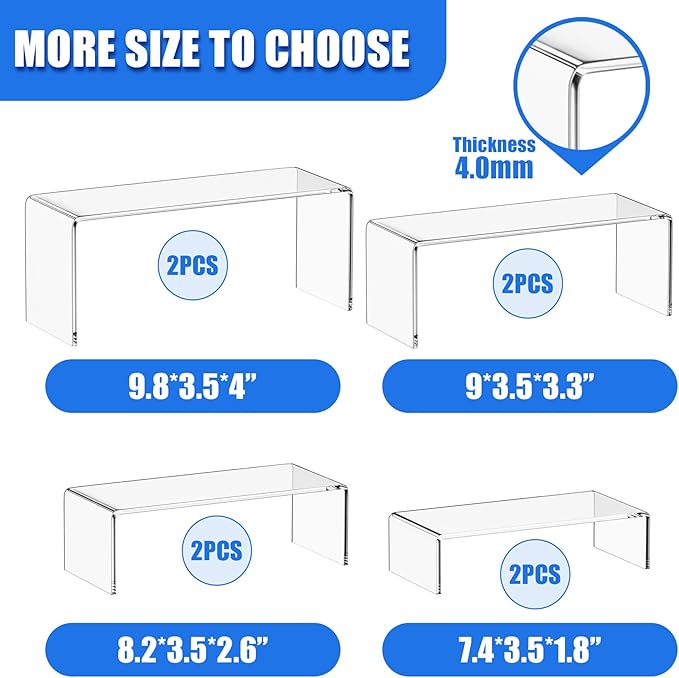 Albumgit Acrylic Display Risers, 8 Pieces Clear Rectangular Tabletop Display Stand for Amiibo Funko POP Figures, Collectibles Jewelry Food Cupcake Dessert Risers Shelf for Decoration and Organizer
