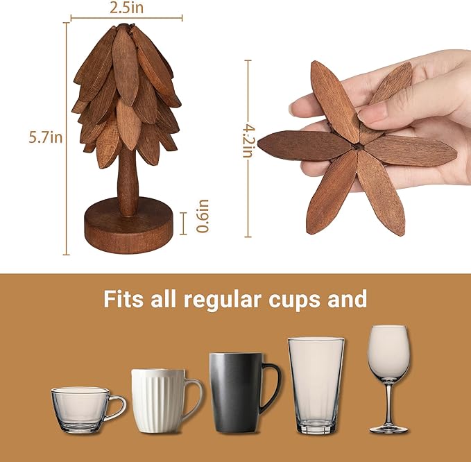 Yuoyar Coasters, Wooden Tree-Shaped sapele Wood Drink Coasters Set for Coffee Table, Kitchen Table Decor