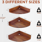 Demigo Corner Shelf Wall Mount Set of 3, Solid Acacia Wood Round Floating Corner Shelves for Storage and Display, Hanging Wood Shelves for Bedroom, Kitchen, Living Room, Bathroom (Brown)