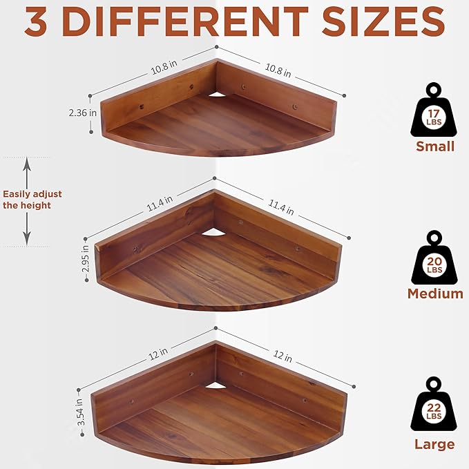 Demigo Corner Shelf Wall Mount Set of 3, Solid Acacia Wood Round Floating Corner Shelves for Storage and Display, Hanging Wood Shelves for Bedroom, Kitchen, Living Room, Bathroom (Brown)
