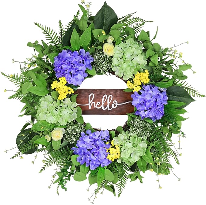 24” Spring Summer Wreaths for Front Door, Greenery Front Door Wreath with Hello Sign for Indoor Outdoor Porch Window Wall, Artificial Floral Wreath with Hydrangeas Berries for Home Decor