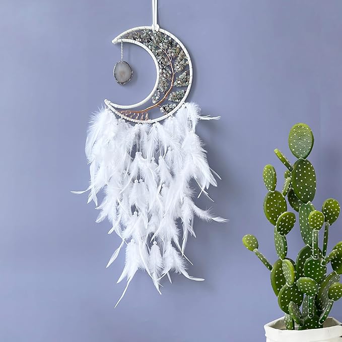 Moon Dream Catchers with Chakra Gemstone Agate Stone, Crystal Tree Life Dream Catchers Wall Hangings Room Decor (White)