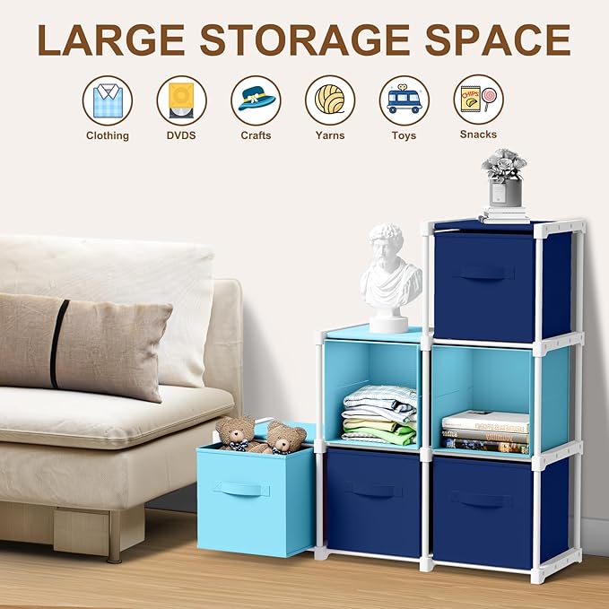 6 Cube Storage Organizer with Shelf Back to School Boxes 11 Inch Toy Storage Bins Closet Organizers Drawers Fabric Dresser for Playroom Books Bedroom Dorm Kitchen (Dark Blue,Light Blue)