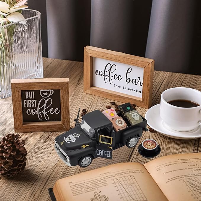 Coffee Bar Decor Vintage Mini Metal Pickup Truck Decor with Book Accessories for Coffee Station, Farmhouse Tiered Tray Tabletop Decorations for Home Kitchen, Office, Cafe