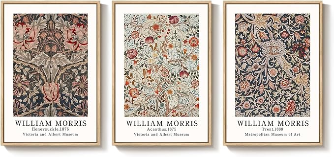 Framed William Morris Canvas Wall Art Set of 3, Vintage Boho Floral Paintings Prints, Rustic Farmhouse Botanical Artwork for Living Room, Bedroom, Hallway or Office, 16x24 Inch