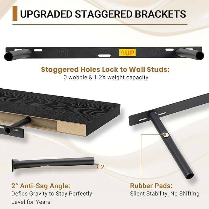 Black Floating Shelves for Wall 24 Inches Long, 12" Deep Wall Shelves 2" Thick, Heavy Duty Shelf for Bedroom, Bathroom, Living Room, Kitchen, Office, Home Decor, Modern Shelf Set of 2, 24" X 12" X 2"