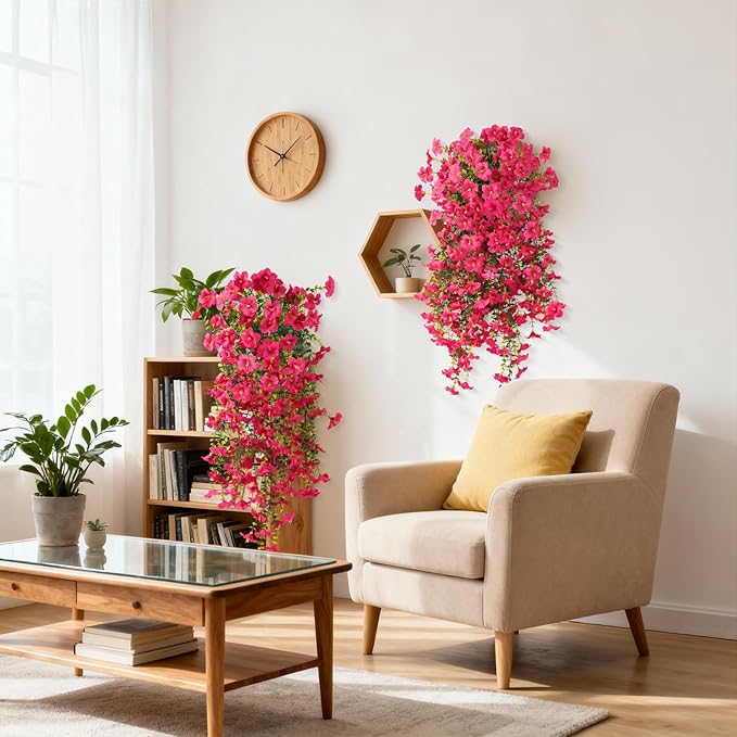 Artificial Hanging Flowers Plants for Outdoor Spring Summer Decoration, 2PCS Faux Silk Morning Glory UV Resistant Look Real for Outside Home Indoor Planter Porch Garden Yard Decor(Rose Red)