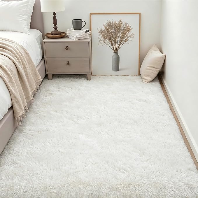 Fluffy 4x6 Area Rugs for Living Room Bedroom: Ultra Soft Shag Rug Non-Slip Non-Shedding Small Plush Bedside Rug Indoor Floor Carpets for Kids Room Playroom Entryway Nursery Dorms Home Decor Ivory