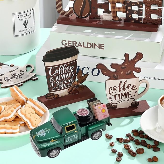 Coffee Bar Decor Vintage Mini Metal Pickup Truck Decorations with Book Accessories for Coffee Station, Farmhouse Tiered Tray Table Decorations for Home Kitchen, Office, Cafe