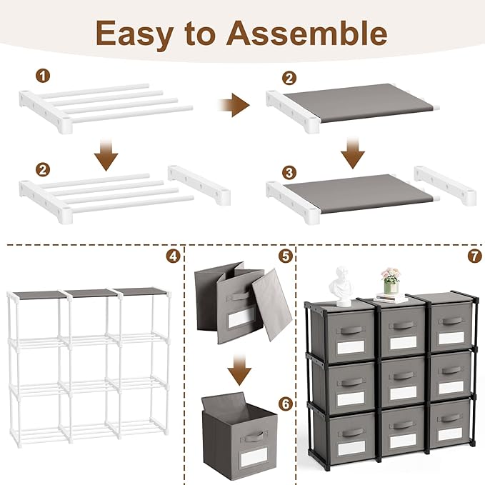 Geelin 9 Cube Storage Organizer with Fabric Bins and Labels 11 Inch, Fabric Collapsible Cubby Clothes Storage Drawer Dresser for Bedroom Living Room Office Organization