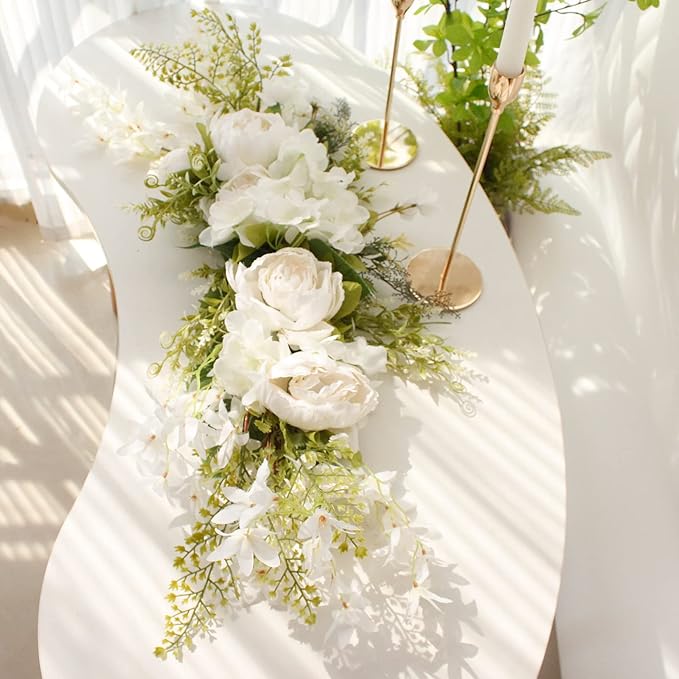 DULRLLY Artificial Peony Flower Swag, 30 in Wedding Arch Flowers, Faux Floral Swag for Lintel, Over The Door Decorative Swag, Rustic Artificial Floral Swag for Home Decor (2)