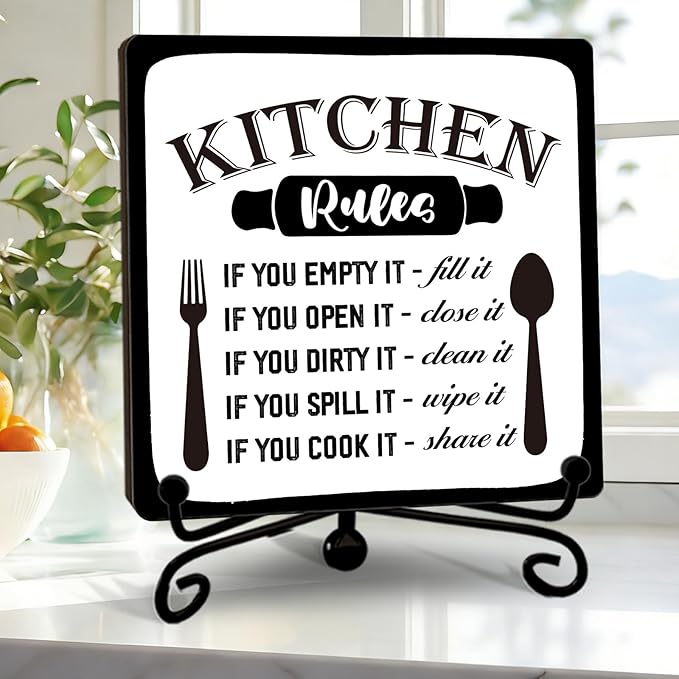 DETIHO Farmhouse Kitchen Decor, Rustic Kitchen Counter Decor, Wood Plaque with Iron Stand for Home Dining Room Tabletop Decoration - G01