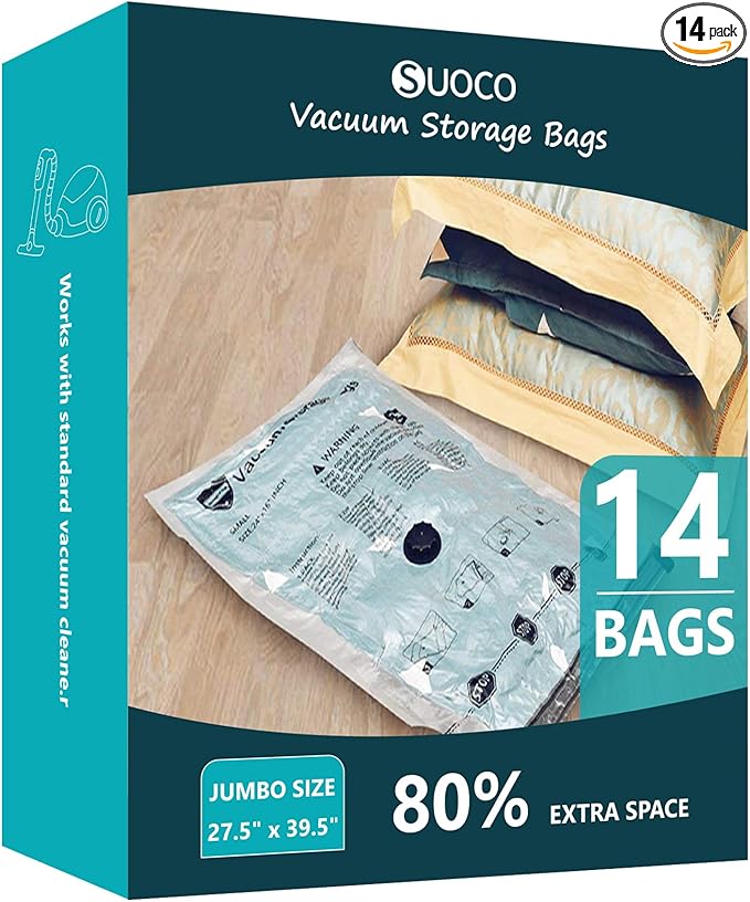 Vacuum Storage Bags, Compression Packing Space Saver Seal Bags for Clothing Bedding Comforters Blankets Pillows, 14 Jumbo
