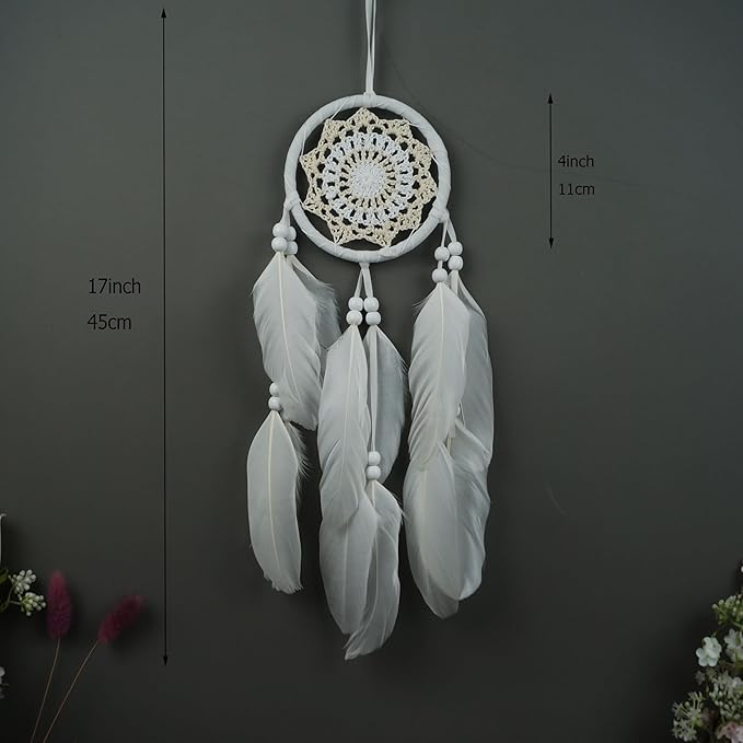 5 Pcs White Jute Crochet Dream Catchers Set, Handmade Bohemian Wall Decor with Feather Tassels – for Bedroom, Living Room, Nursery, Wedding & Boho Home Decoration(White)