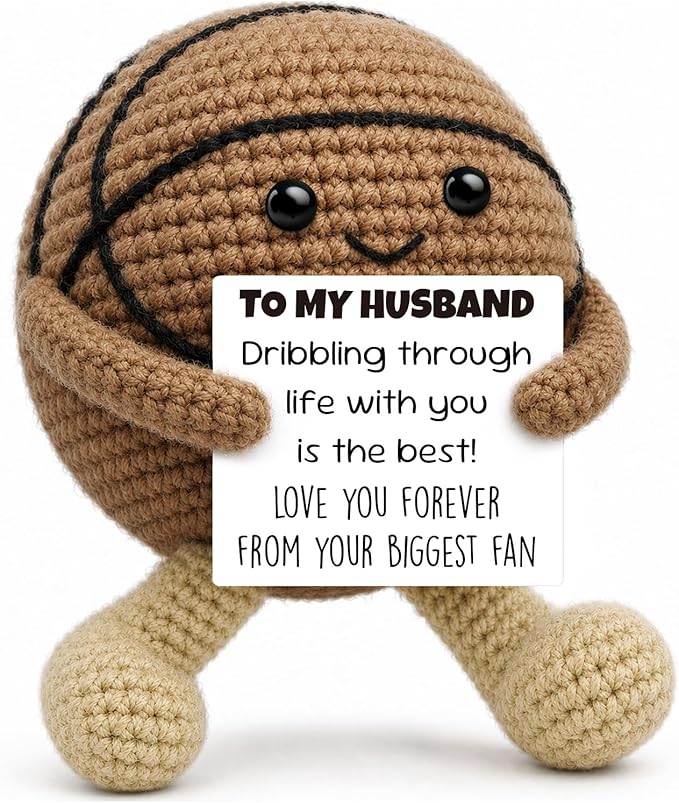 Anniversary Romantic Gifts for Husband Boyfriend, Handcrafted Crochet Basketball Keepsake, Sports Man Cave Desk Decor Room Accessories, Unique Funny Birthday Present for Him Men from Wife