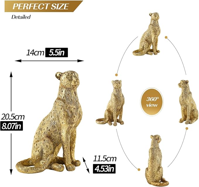 Cheetah Statue for Home Decor, 8" Resin Sitting Leopard Sculpture, Gold Desktop Decoration for Living Room, Dining Room, Office,Shelves, Tv Stand, Coffee Table or Entry Way