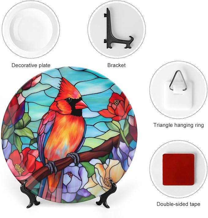 Decorative Plates, Winter Bird Stained Glass Design Ceramic Dinner Plate Home Wobble-Plate with Display Stand, Wall Hanging Decor for Dining Room Kitchen Household 10 Inch, Gifts for Loss of Loved