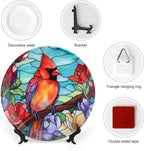 Decorative Plates, Winter Bird Stained Glass Design Ceramic Dinner Plate Home Wobble-Plate with Display Stand, Wall Hanging Decor for Dining Room Kitchen Household 10 Inch, Gifts for Loss of Loved