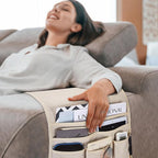 Teniux Remote Control Holder Armchair Caddy for Recliner Couch, Non-Slip Armrest Organizer with 5 Pockets for Magazine, Tablet, Phone, iPad (Beige)