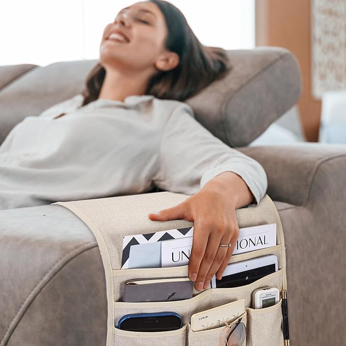 Teniux Remote Control Holder Armchair Caddy for Recliner Couch, Non-Slip Armrest Organizer with 5 Pockets for Magazine, Tablet, Phone, iPad (Beige)