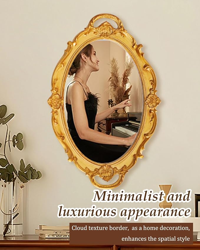 XPXKJ Gold Mirror Tray Vintage Vanity Tray for Dresser Perfume Storage Decorative Mirrored Glass Tray Coquette Room Decor, Bedroom, Bathroom Oval Antique Serving Makeup Organizer