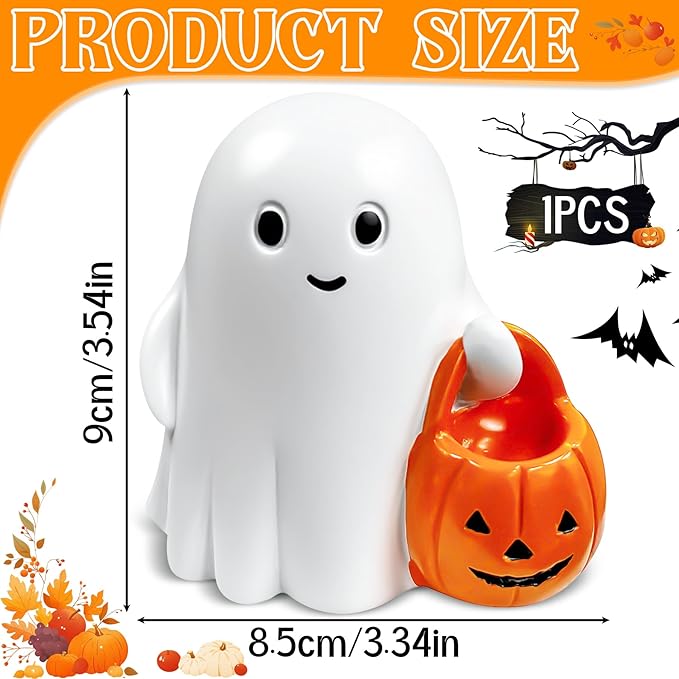 Halloween Ghost Decor, Cute Pumpkin Ghost Figurine for Halloween Decoration Indoor, Resin Ghost Statue for Desk Tabletop Centerpieces, Spooky Home Decor