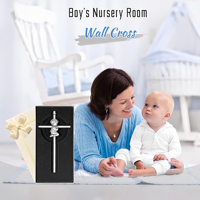 Baby Wall Cross Baptism Gifts for Boys, 7-inch Silver Praying Catholic Boy Baptism Crosses for Christening, First Holy Communion & Baby Dedication Gifts, Baptismal Cross Newborn Nursery Decor