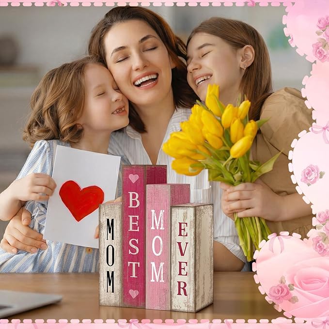 Lineshading 4 Pcs Mothers Day Table Decoration Wooden Book Pink White Tiered Tray Decor Happy Mother's Centerpieces Mom Gifts from Daughter Son for Home Shelf Indoor Party Decoration