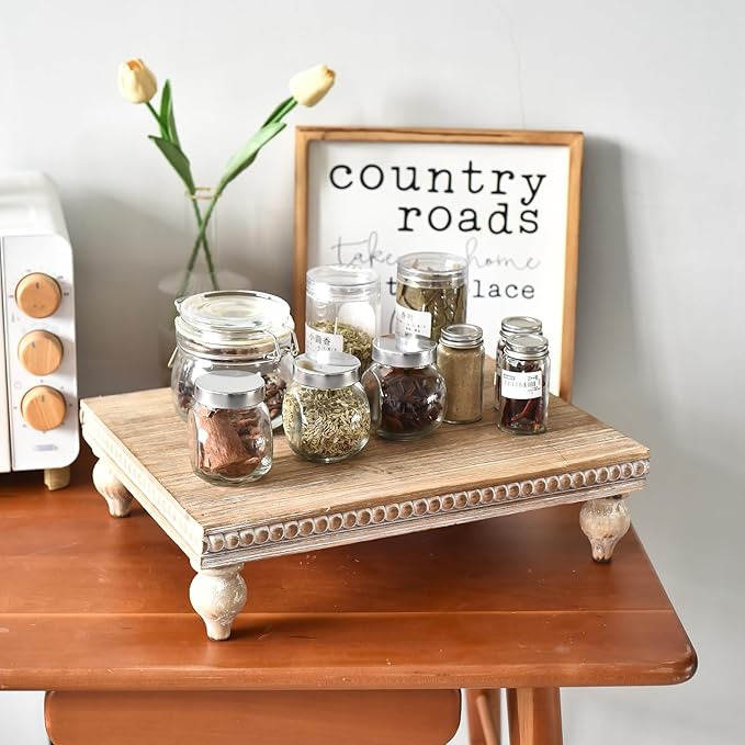 SwallowLiving Farmhouse Wood Riser for Display Decorative, Rustic Shabby Chic Tray for Kitchen Counter, Coffee Bar Table, Dining Room, Wooden Rectangle Beaded Pedestal Stand for Food, Natural