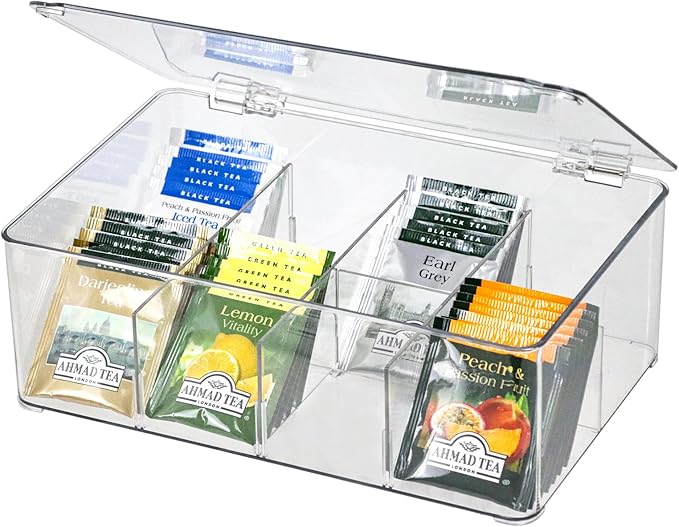 Clear Tea Bag Organizer, Dresser Organizers Drawer Organzier Storage Container with Removable Dividers, Plastic Storage Bin with Lid, Organizer for Scarves Ties Bras