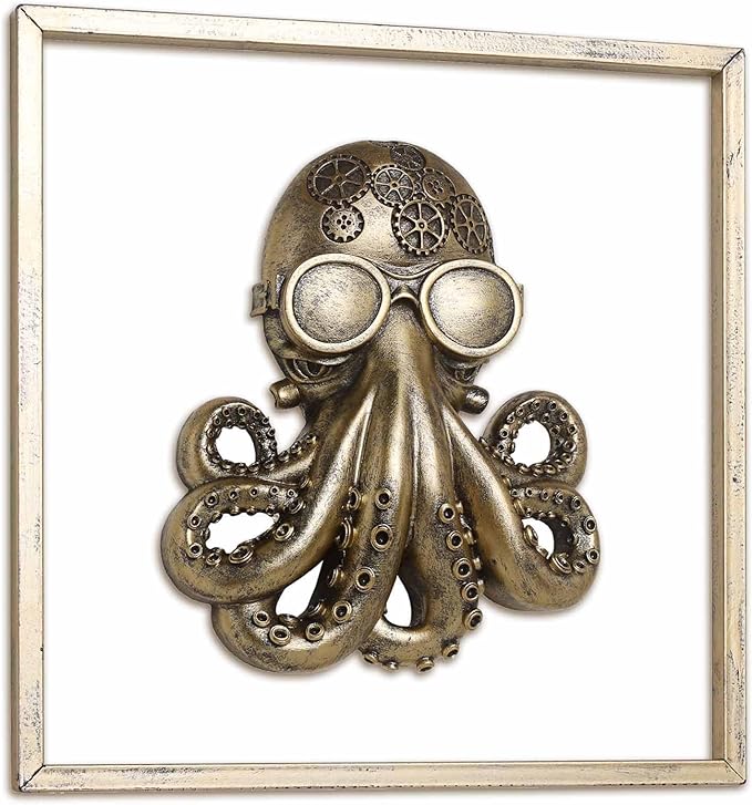 JJALIGHTS Exquisite Resin Animal Head Wall Sculpture (Gift Metal Frame) - octo Imitation Copper Vintage Decor for Living Room, Bedroom & Office | Decorative Wall Hanging Art (Octopus)