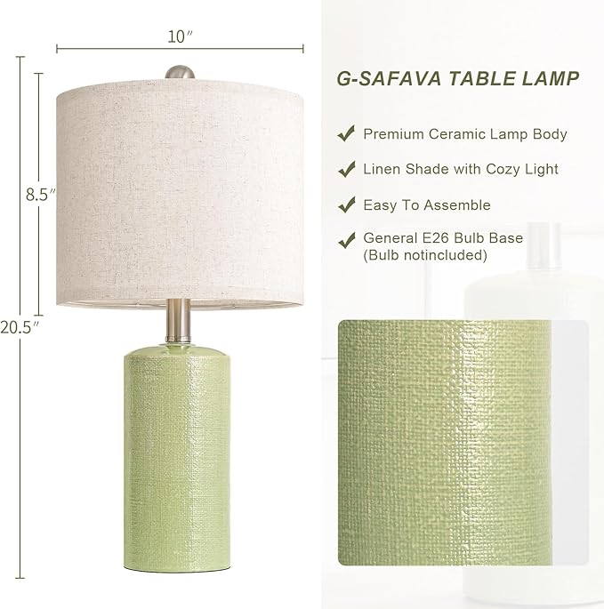 G-SAFAVA 20.5" Small Table Lamps for Living Room Lamp Single Ceramic Lamps for Bedroom Bedside Lamps Modern Boho Lamps for Night Stands Farmhouse Nightstand Lamp Side End Table Lamp, Light Green