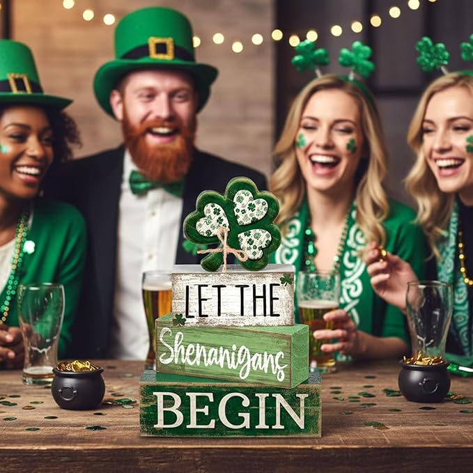 Lineshading 4 Pcs St Patricks Day Table Decor Wooden Shamrocks St Patrick's Day Tiered Tray Decor Irish Centerpiece Green Lucky Shamrocks Block Signs for Saint Patty's Party Home Kitchen