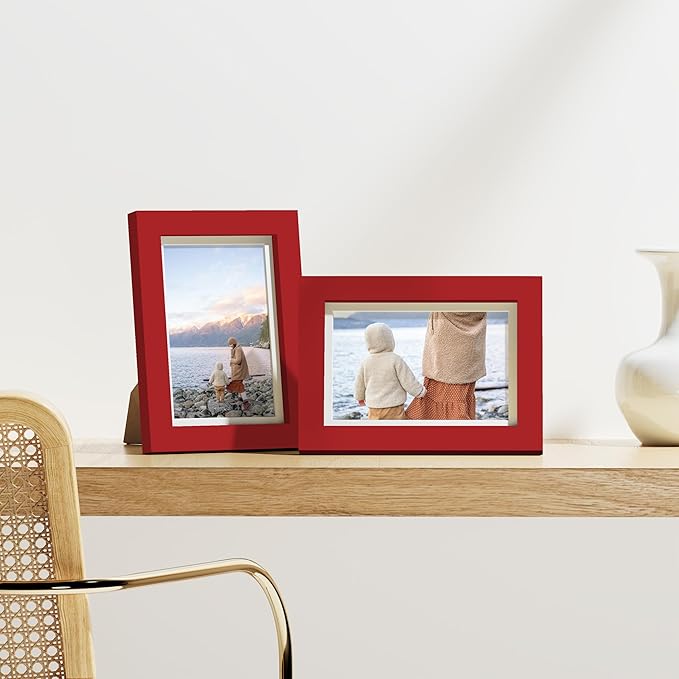 Vittanly 4x6 Picture Frames Set of 9, Shatter Resistant Plexiglass, Display 3.5x5 Pictures with Mat or 4x6 without Mat, Photo Frames for Wall or Tabletop, Engineered Wood, Red