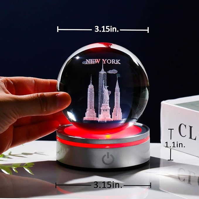 Movdyka 3D Crystal Ball Statue of Liberty New York Souvenirs Gifts for Women Men Snow Globe Night Light, Laser Engraved Empire State Building Figurine Home Room Decor Glass Art Crafts