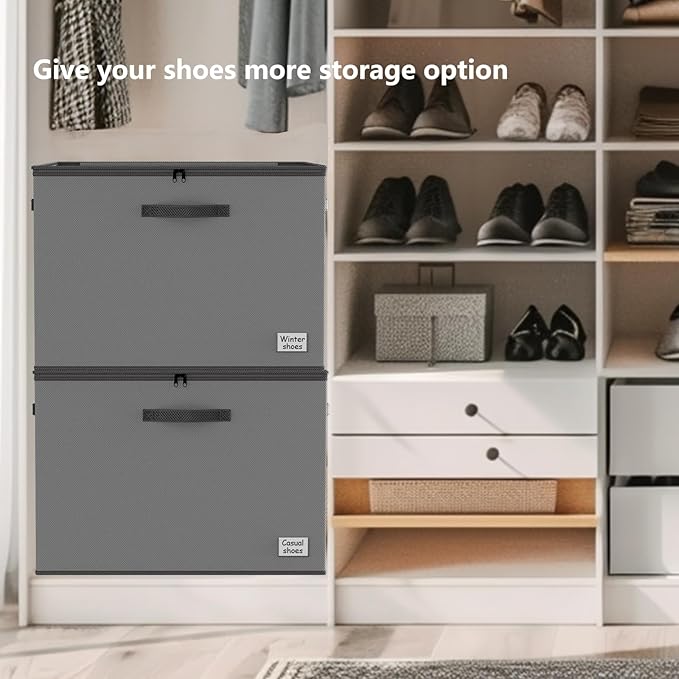 VERONLY 2-Pack Foldable Shoe Organizer for Closet and Storage Box with Adjustable Divider,Fits 16-32 Pairs, Space-Saving Closet & Entryway Storage System with Grey Fabric Bins